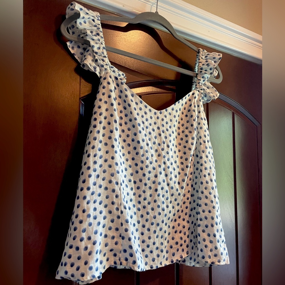 H&M Large Linen White & Blue Polka Dot Tank NWOT